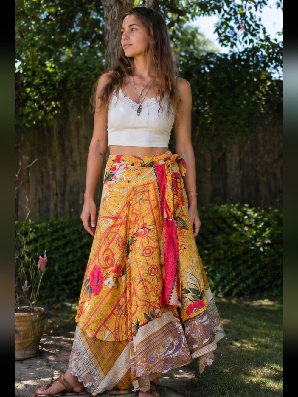 Vintage boho silky wrap skirt with asymmetrical patchwork design